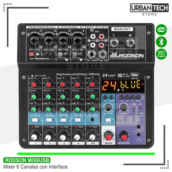 Mixer 6 Canales C/Interfaz Rodson Mix6Usb